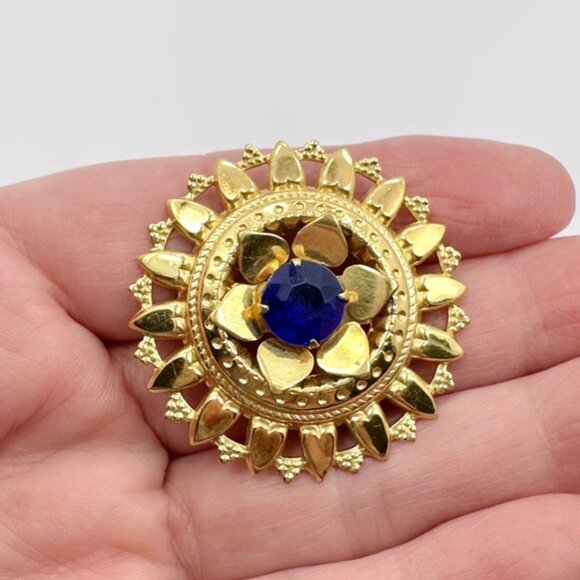 Vintage Brooch, Flower, Victorian Revival, Gold Tone, Blue Jewel, Ornate - Picture 2 of 4